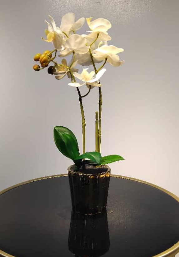 Graceful White Artificial Orchid in Elegant Golden Pot
