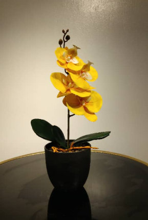 Vibrant Yellow Artificial Orchid in Sleek Black Pot